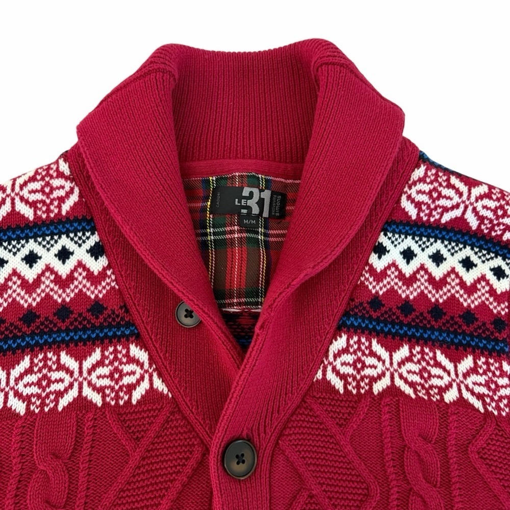 LE 31 SIMONS Red Fair Isle Shawl Collar Cotton Cardigan m - Picture 5 of 13
